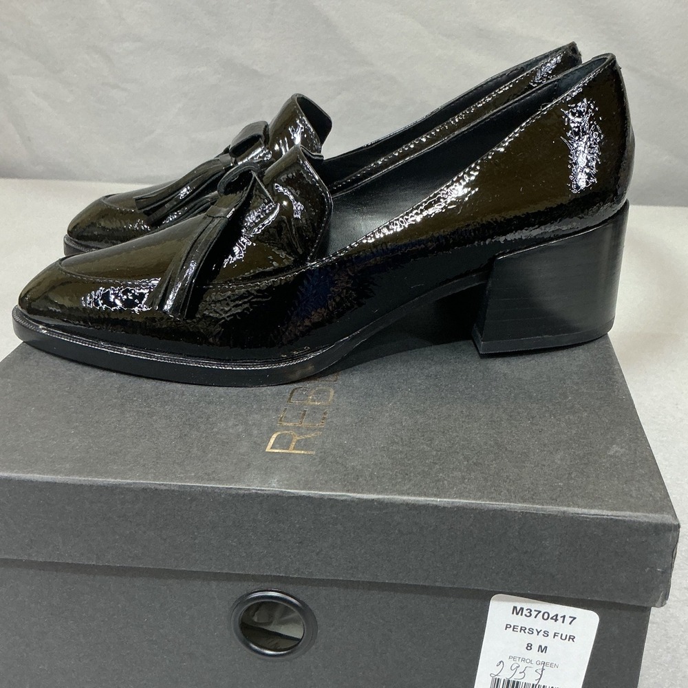 Rebecca Minkoff Persys Fur Loafers 8M Black Patent Leather Tassel Block Heel